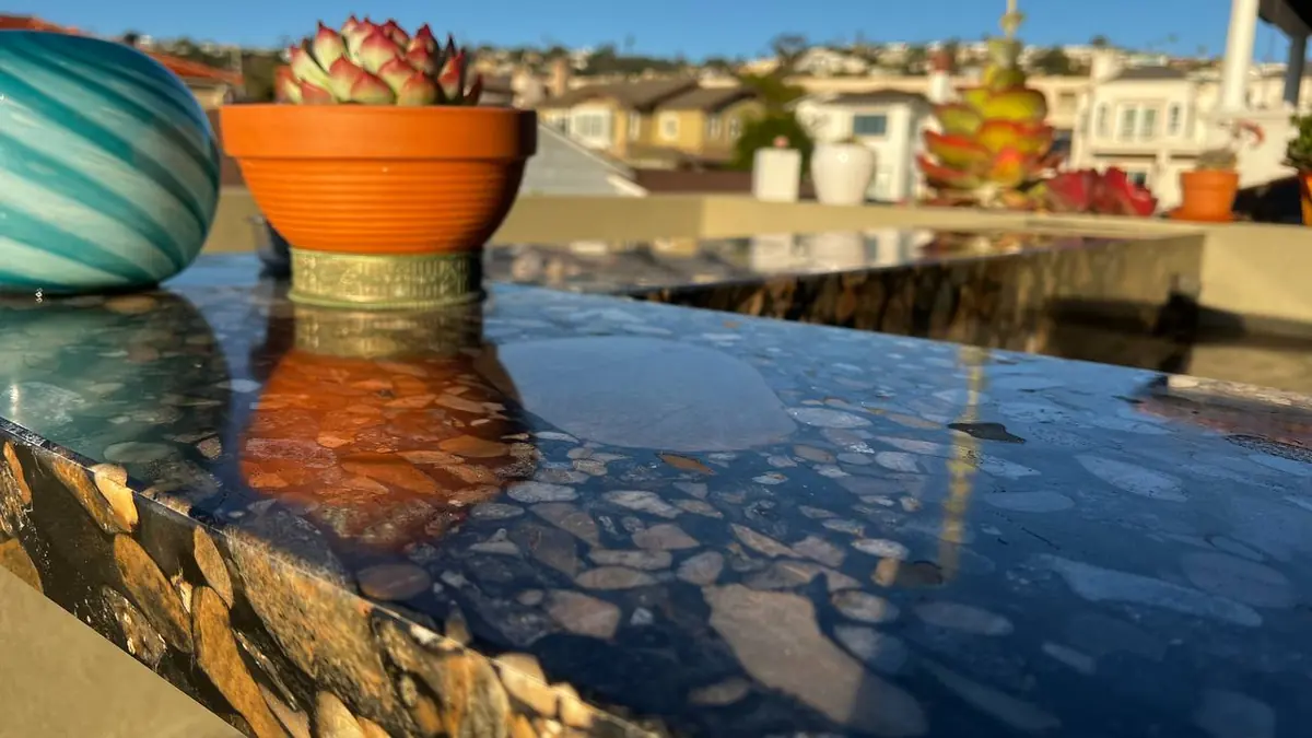 Polished stone countertop on an outdoor terrace